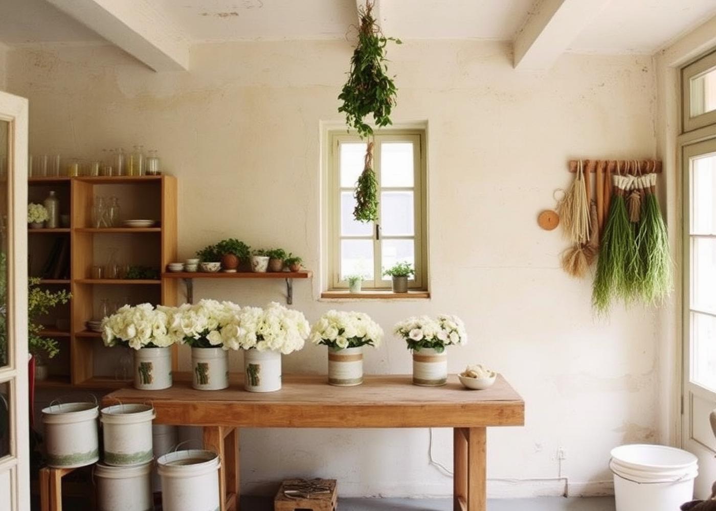 Parisian florist atelier with buckets of white flowers on a wooden bench